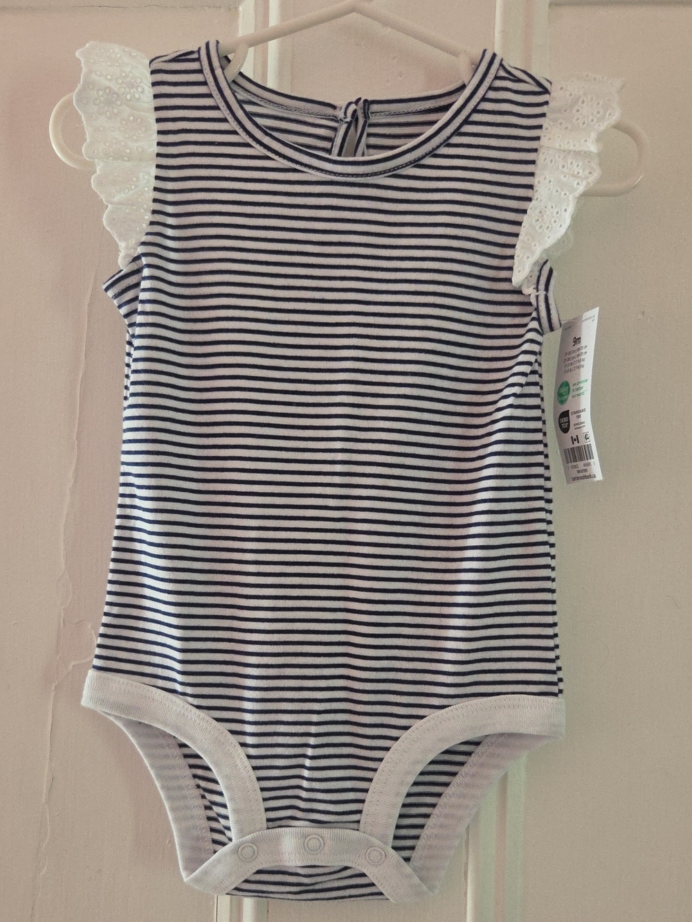 Oshkosh Striped Navy & White Lace-Sleeve One-Piece Bodysuit